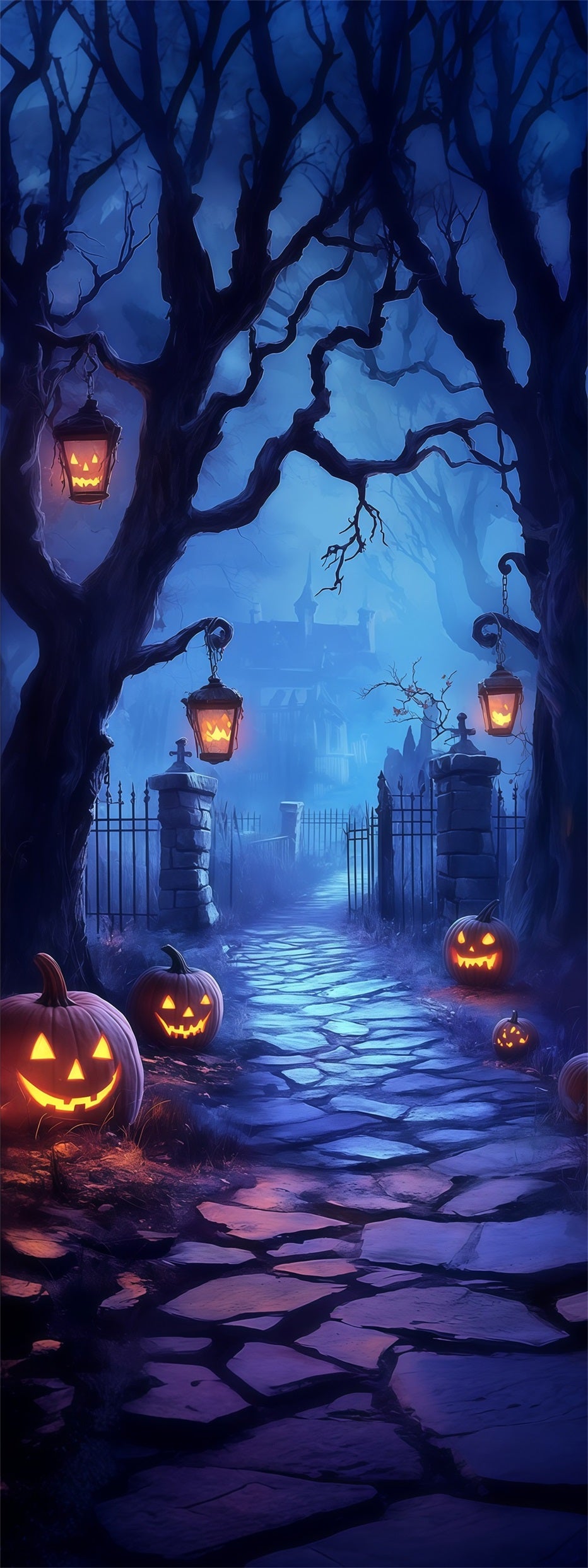 Haunted Forest Door Moonlit Pumpkin Lantern Path Halloween Front Door Decoration RR68-3
