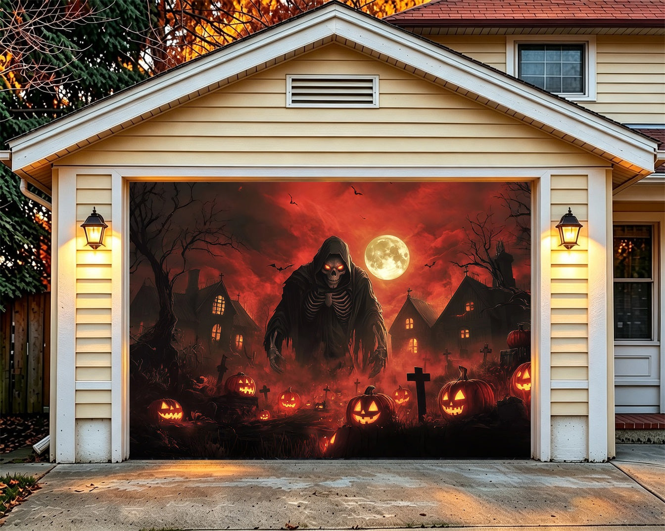 Vampire Halloween Garage Door Cover Moonlit Grim Reaper Pumpkins Halloween Yard Garage Door Decor RR68-30-1 car