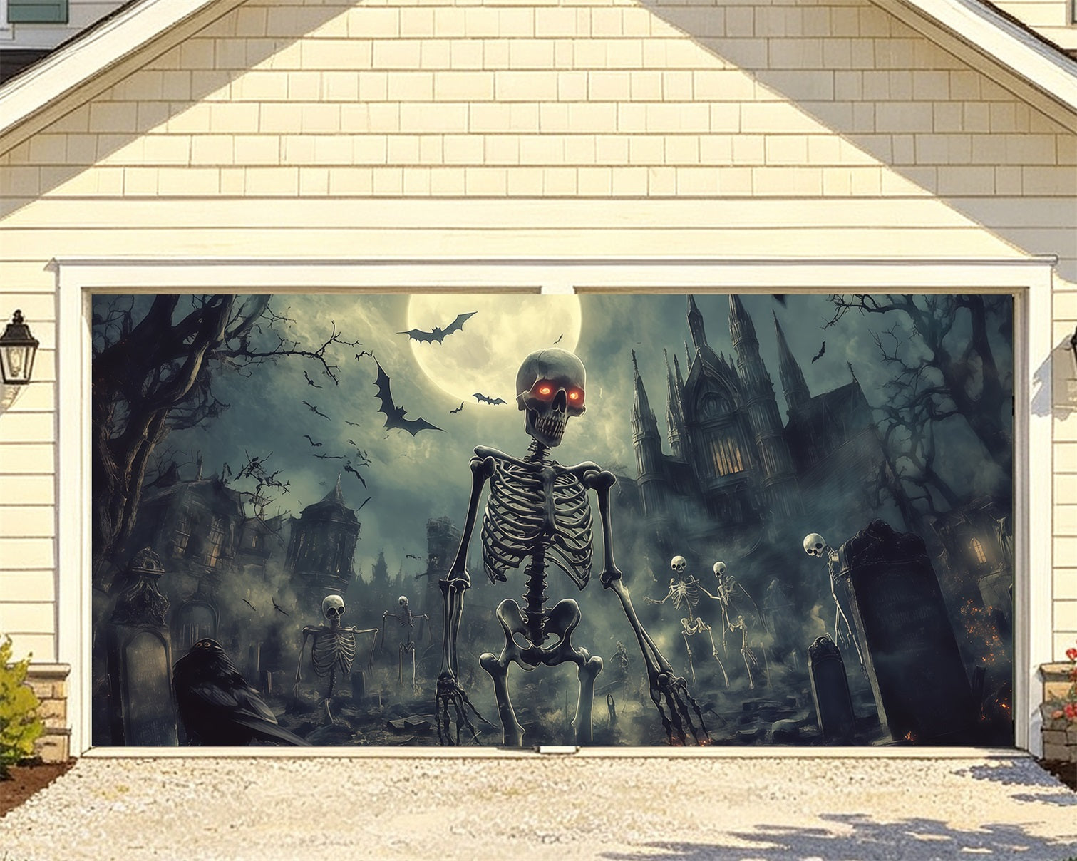Spooky Halloween Garage Door Cover Moonlit Skeleton Gothic Graveyard Trick or Treat Garage Door Cover RR68-36-2 car