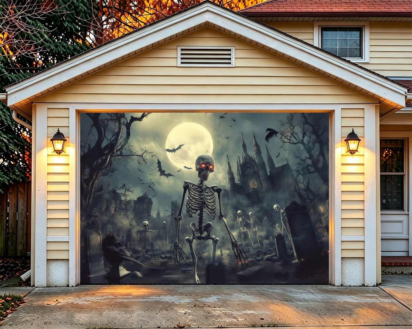 Spooky Halloween Garage Door Cover Moonlit Skeleton Gothic Graveyard Trick or Treat Garage Door Cover RR68-36-1 car