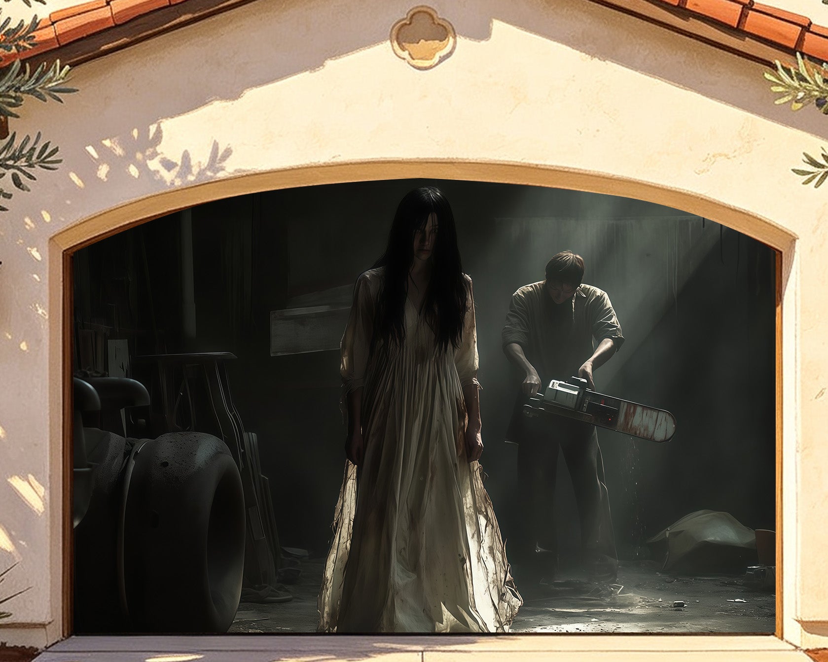 Haunted Halloween Garage Door Cover Ghost Woman Chainsaw Killer Halloween Garage Door Decorations RR68-38-2 car