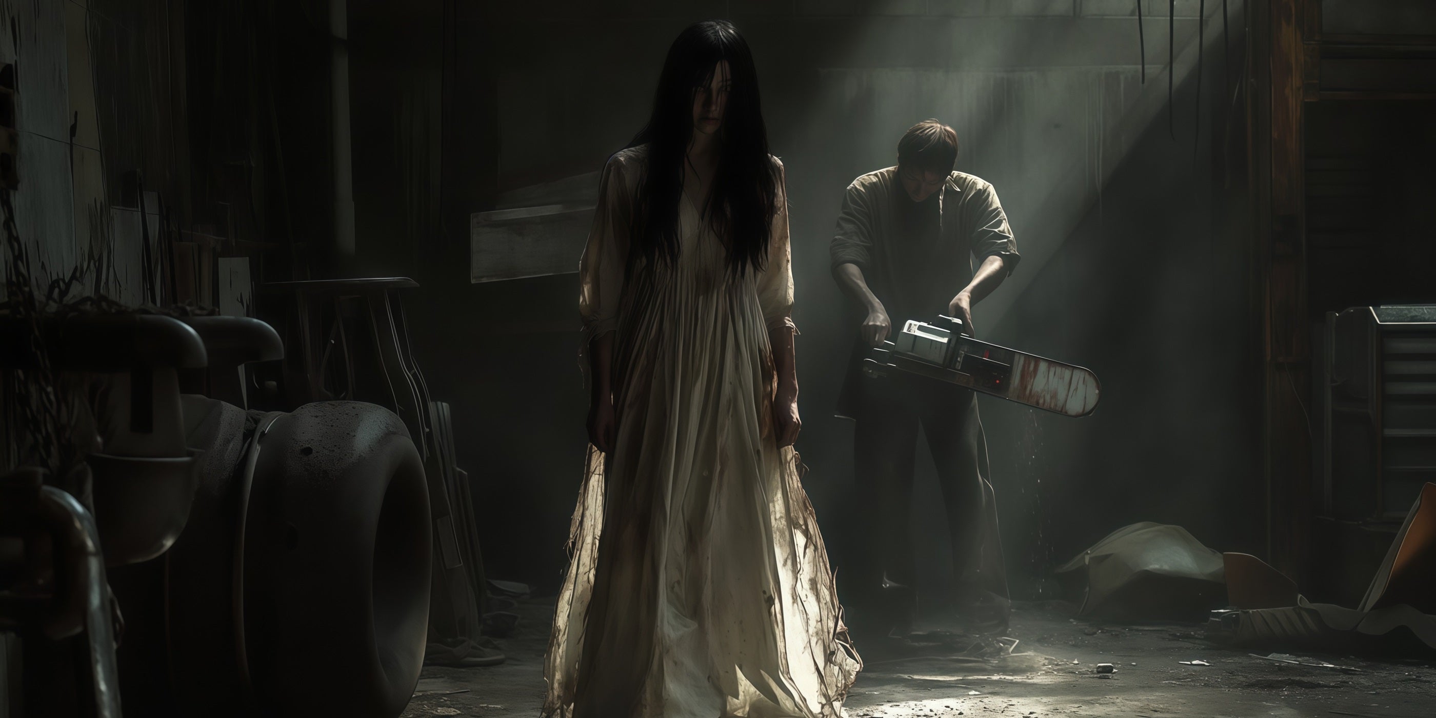 Haunted Halloween Garage Door Cover Ghost Woman Chainsaw Killer Halloween Garage Door Decorations RR68-38-2 car