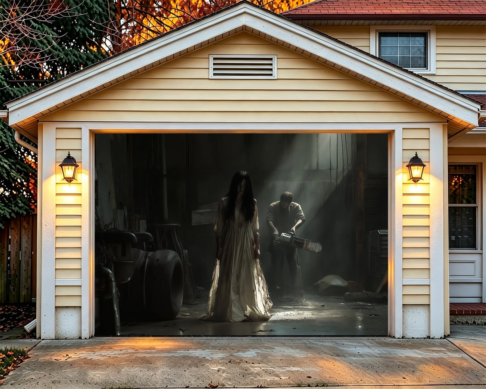Haunted Halloween Garage Door Cover Ghost Woman Chainsaw Killer Halloween Garage Door Decorations RR68-38-1 car