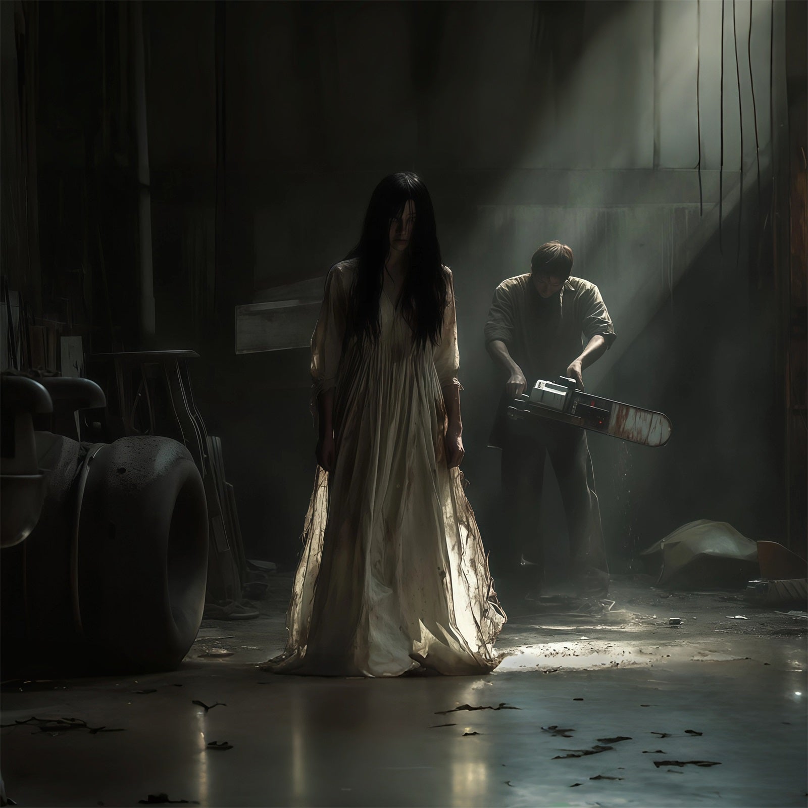 Haunted Halloween Garage Door Cover Ghost Woman Chainsaw Killer Halloween Garage Door Decorations RR68-38-1 car