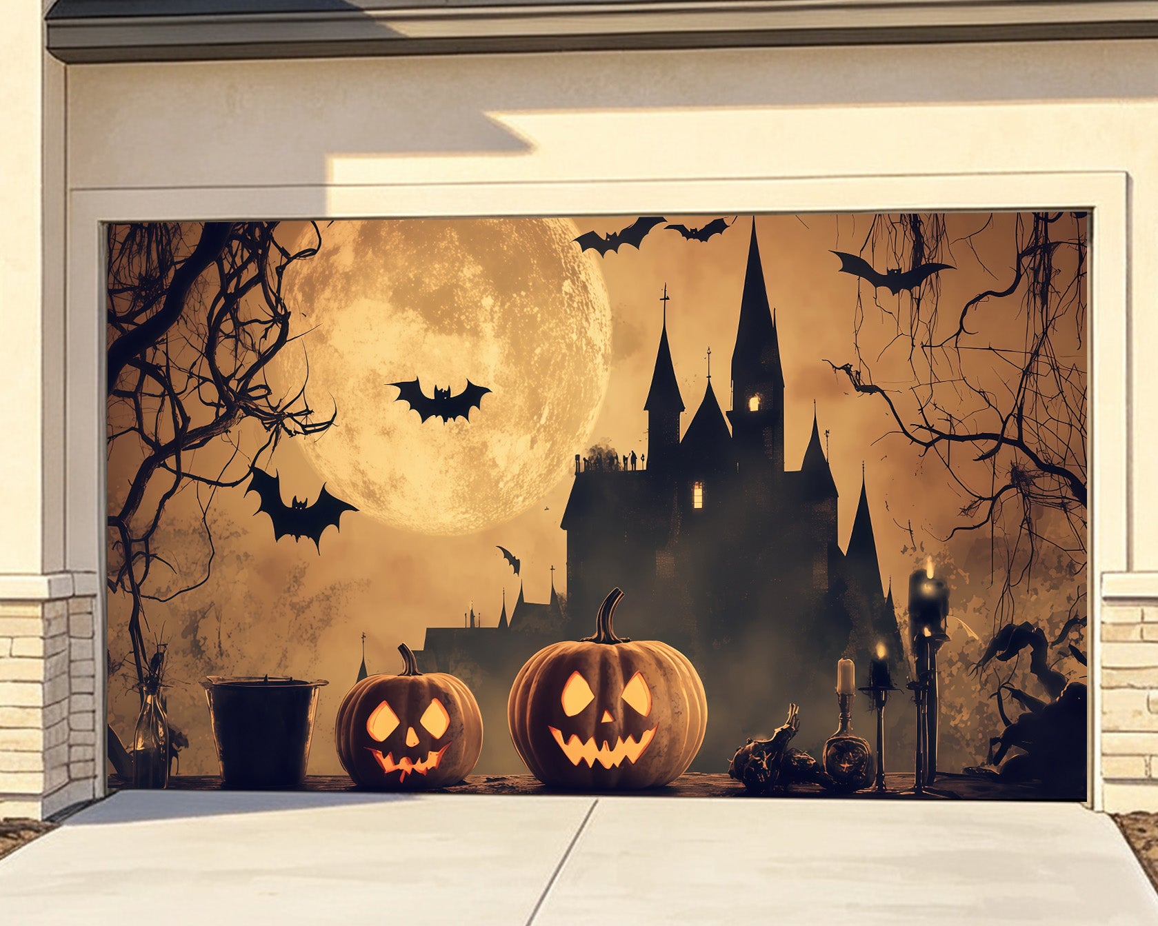 Vintage Halloween Garage Door Cover Pumpkin Moonlit Bat Castle Halloween Garage Door Cover RR68-40-2 car