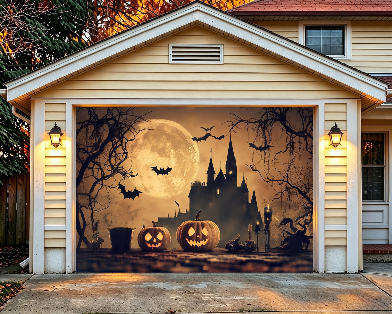 Vintage Halloween Garage Door Cover Pumpkin Moonlit Bat Castle Halloween Garage Door Cover RR68-40-1 car