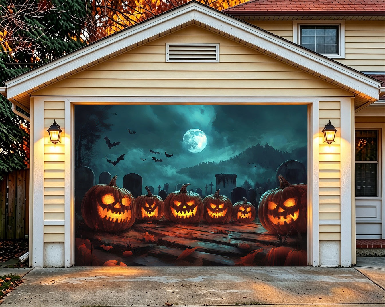 Scary Halloween Garage Door Cover Moonlit Pumpkin Graveyard Gathering Halloween Garage Door Cover RR68-41-1 car