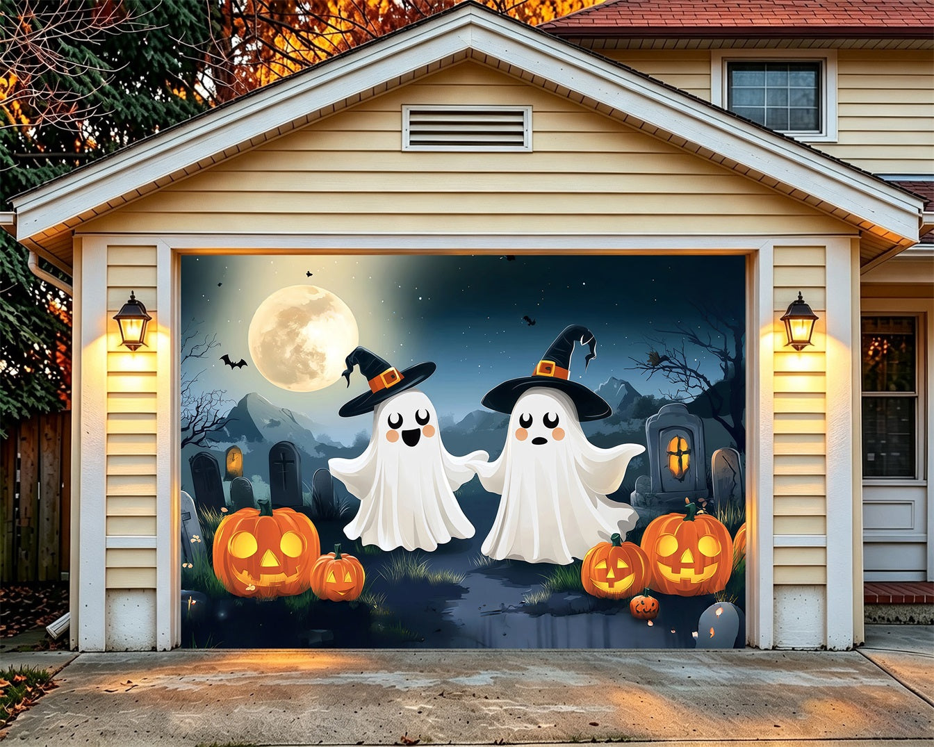 Haunted Halloween Garage Door Cover Cute Ghost Witch Graveyard Halloween Garage Door Decor RR68-44-1 car