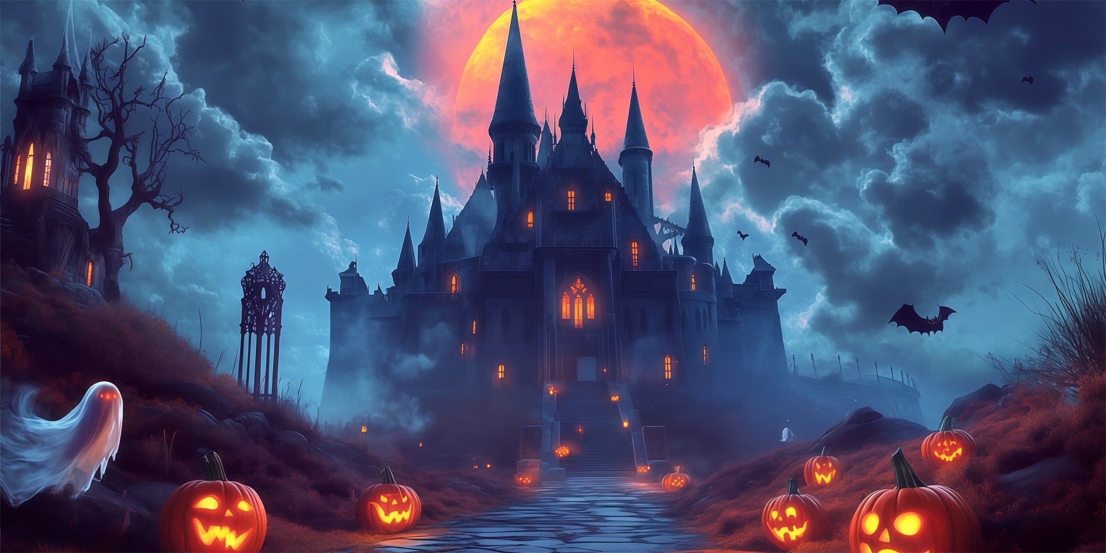 Gothic Halloween Garage Door Cover Moonlit Ghost Pumpkin Castle Halloween Garage Door Mural RR68-45-2 car