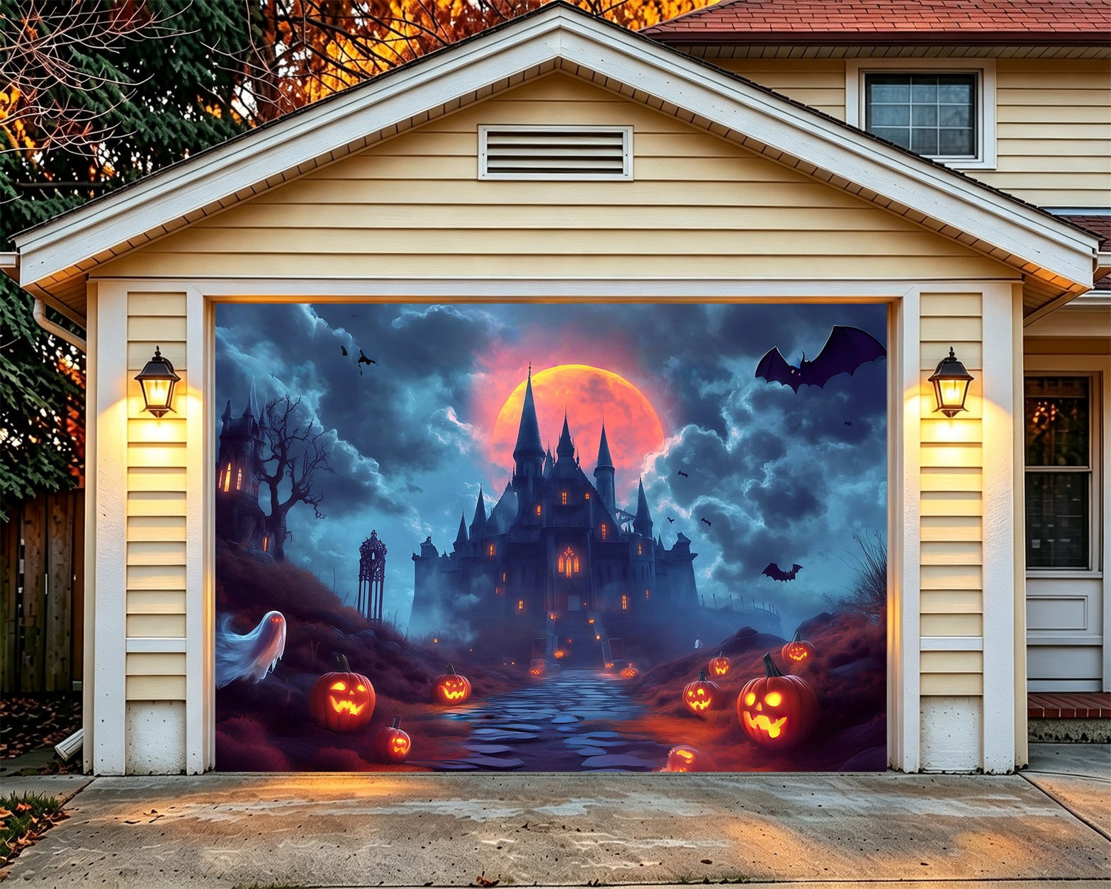 Gothic Halloween Garage Door Cover Moonlit Ghost Pumpkin Castle Halloween Garage Door Mural RR68-45-1 car