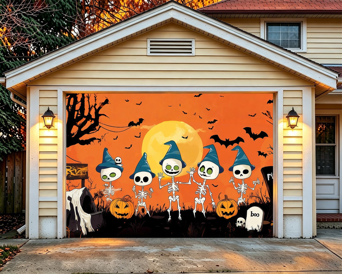 Funny Halloween Garage Door Cover Skeleton Witch Graveyard Party Halloween Garage Door Tapestry RR68-48-1 car