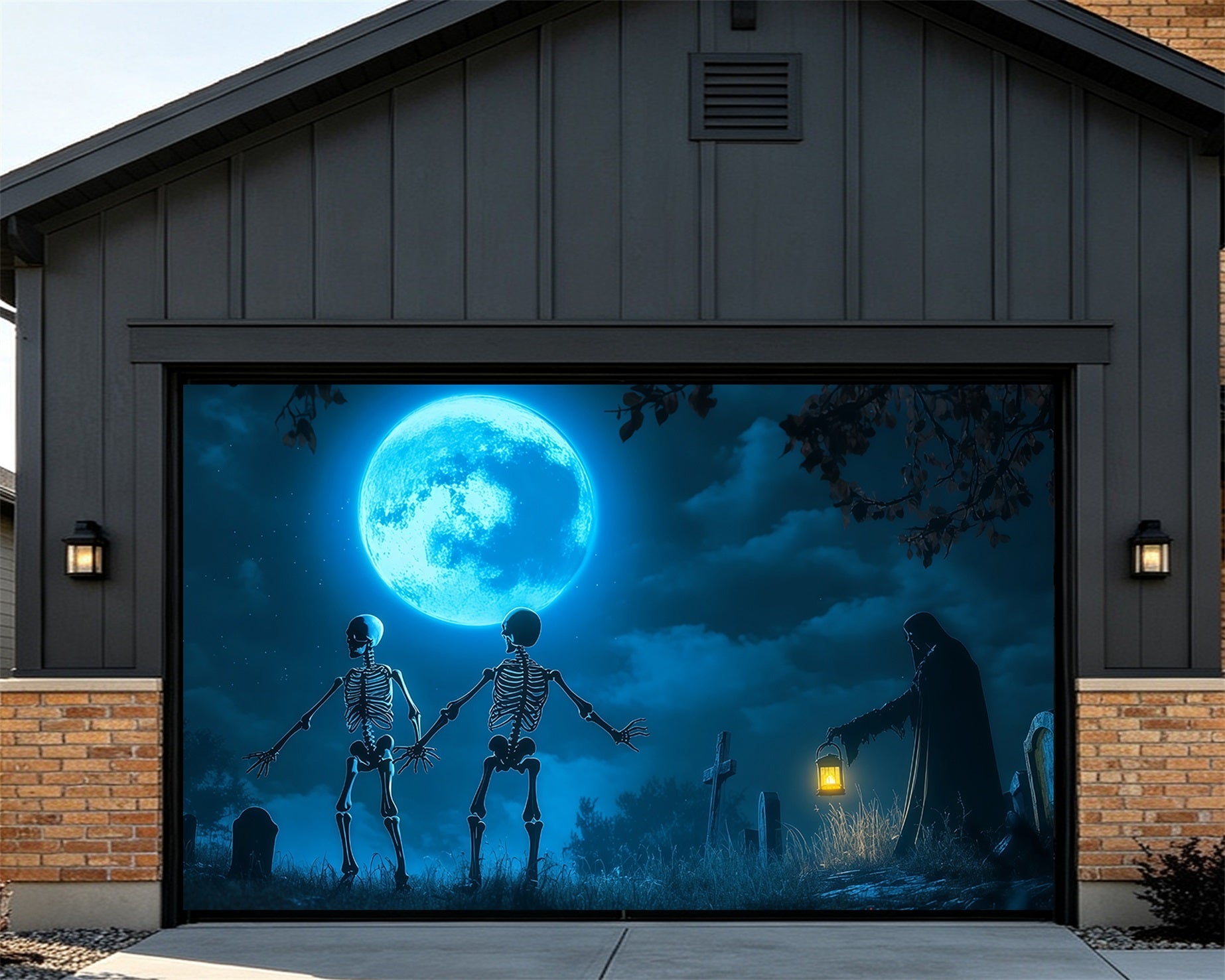 Dark Halloween Garage Door Cover Moonlit Skeleton Reaper Graveyard Halloween Garage Door Sign RR68-49-2 car