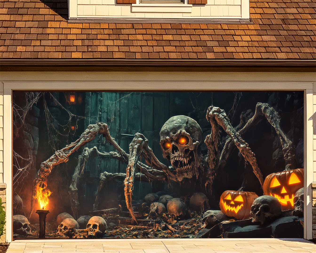 Skeleton Halloween Garage Door Cover Skull Spider Pumpkin Lair Full Size Halloween Garage Door Cover RR68-53-2 car