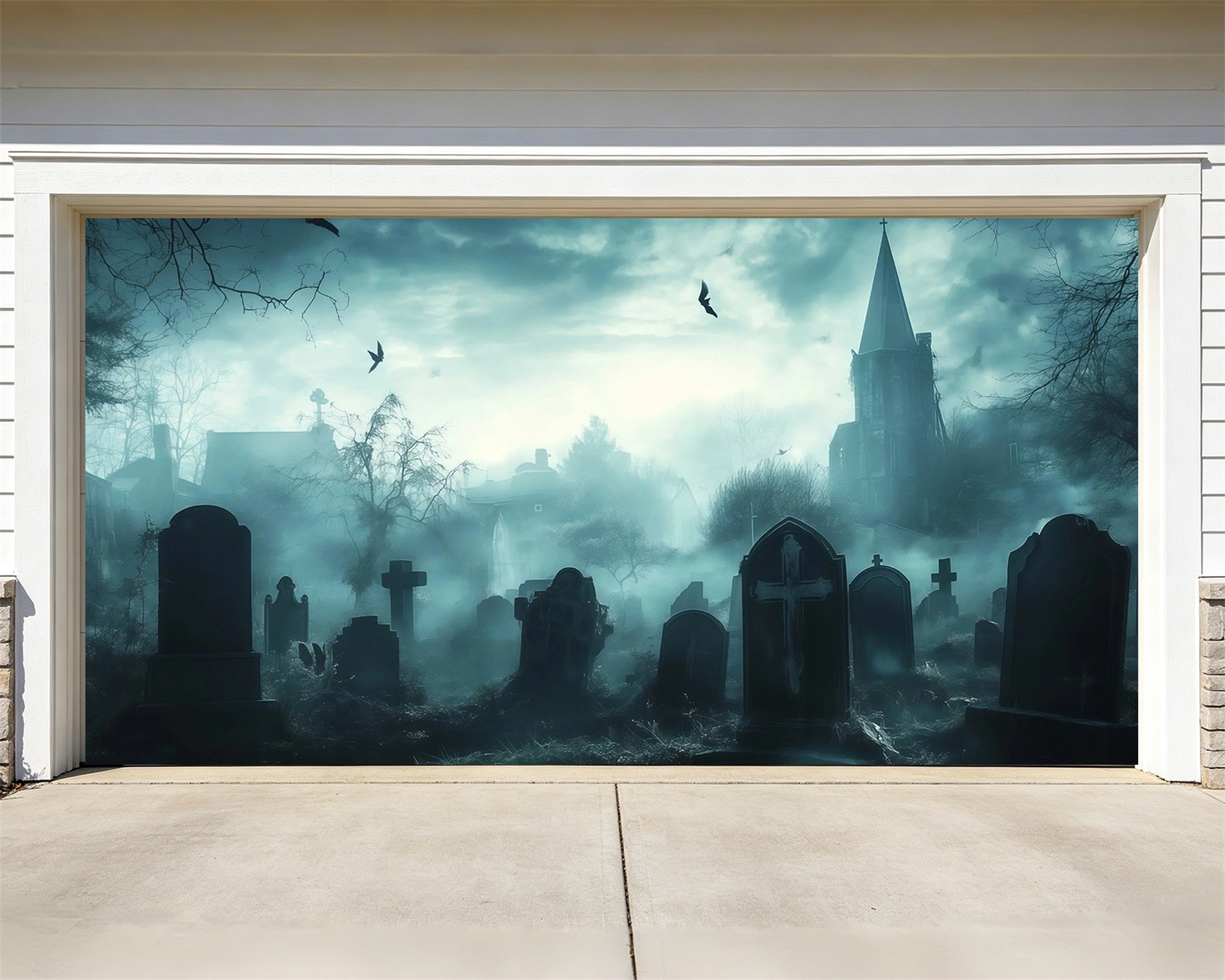 Graveyard Halloween Garage Door Cover Foggy Gothic Church Oversized Halloween Garage Door Decor RR68-57-2 car