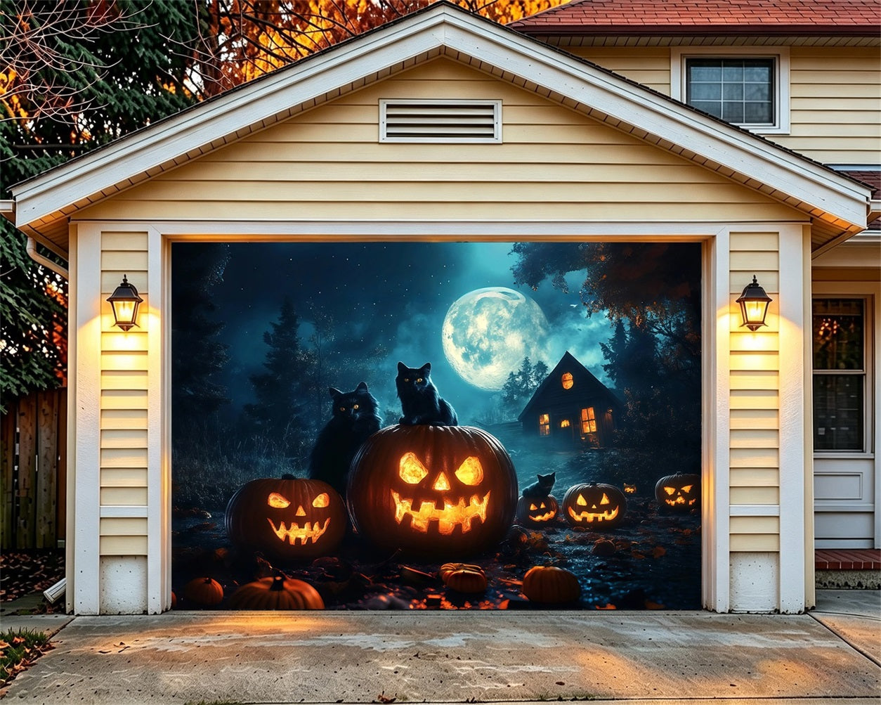 Black Cat Halloween Garage Door Cover Moonlit Jack O Lanterns Outdoor Halloween Garage Door Cover RR68-58-1 car