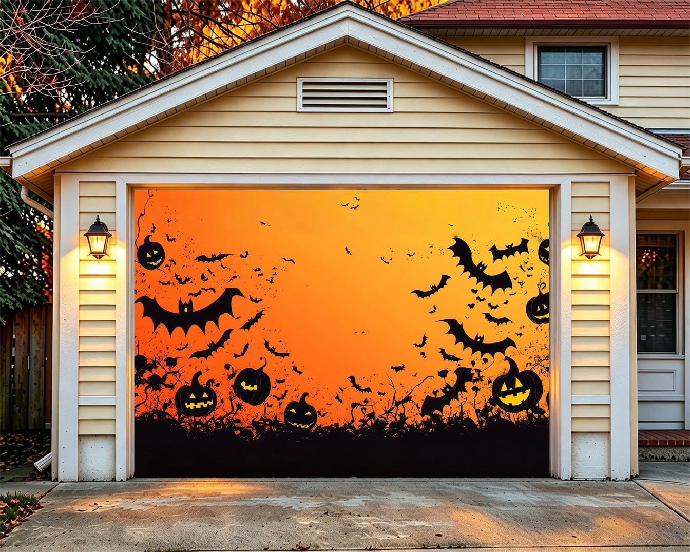 Bat Halloween Garage Door Cover Orange Bat Pumpkin Silhouettes Halloween Outdoor Garage Decorations RR68-60-1 car
