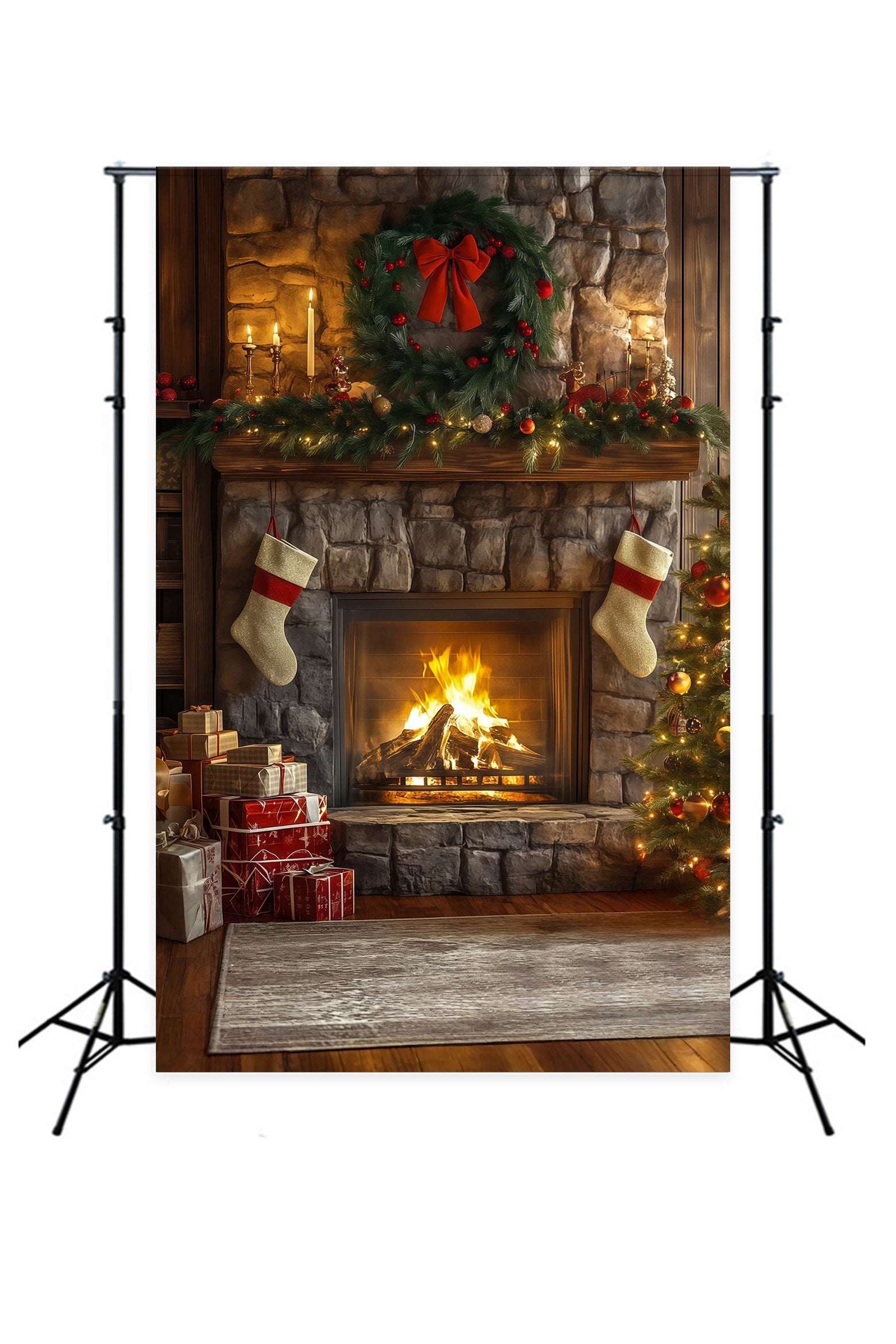 Christmas Fireplace Backdrop Stone Fireplace Garland Decor Christmas Backdrops RR68-62