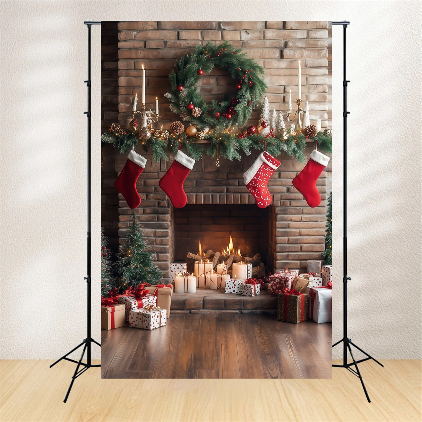 Fireplace Backdrop Christmas Brick Stockings Display Christmas Photo Backdrop RR68-63
