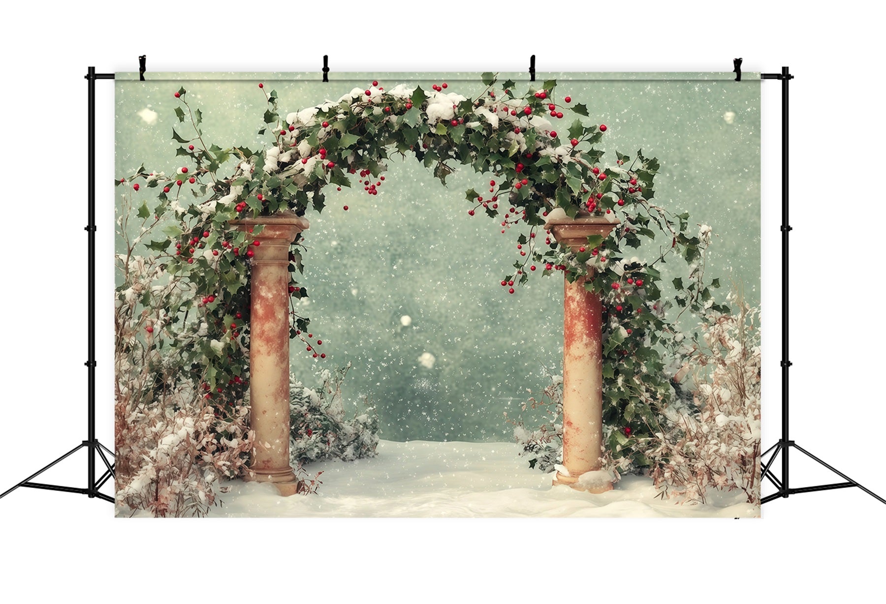Snowy Christmas Backdrop Winter Snow Holly Archway Backdrop Christmas RR68-65