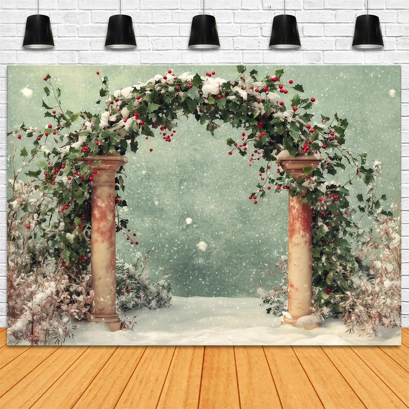 Snowy Christmas Backdrop Winter Snow Holly Archway Backdrop Christmas RR68-65