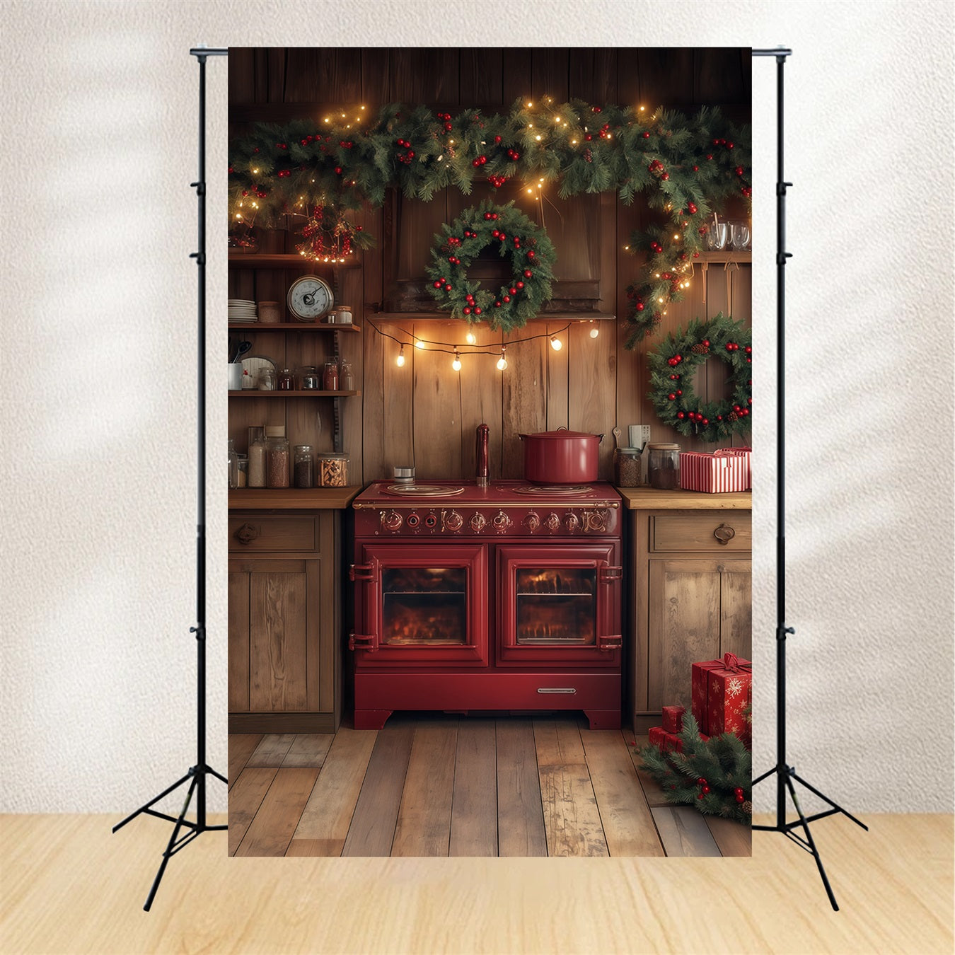 Christmas Kitchen Backdrop Evergreen Garland Decor Christmas Photography Backdrops RR68-68