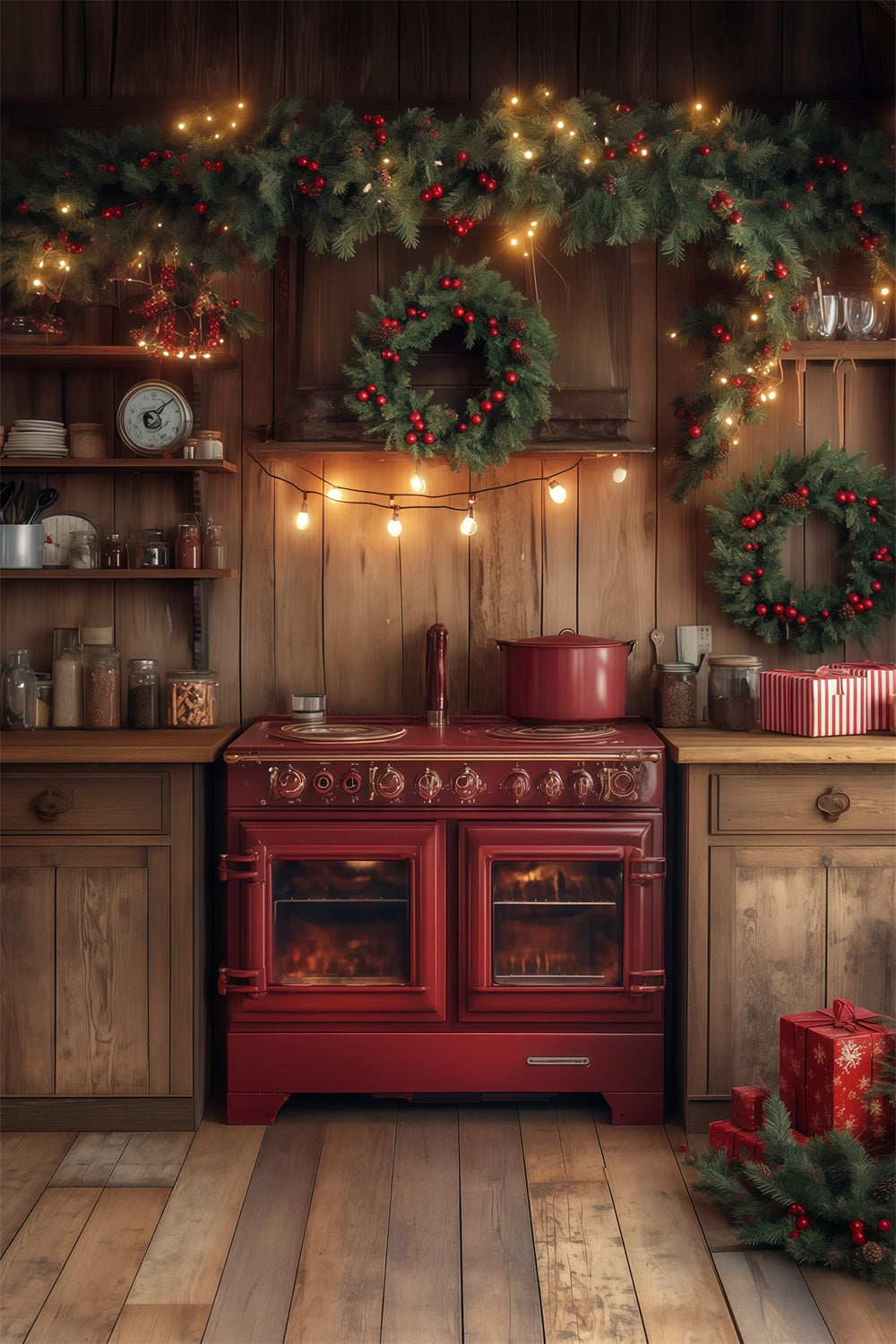 Christmas Kitchen Backdrop Evergreen Garland Decor Christmas Photography Backdrops RR68-68