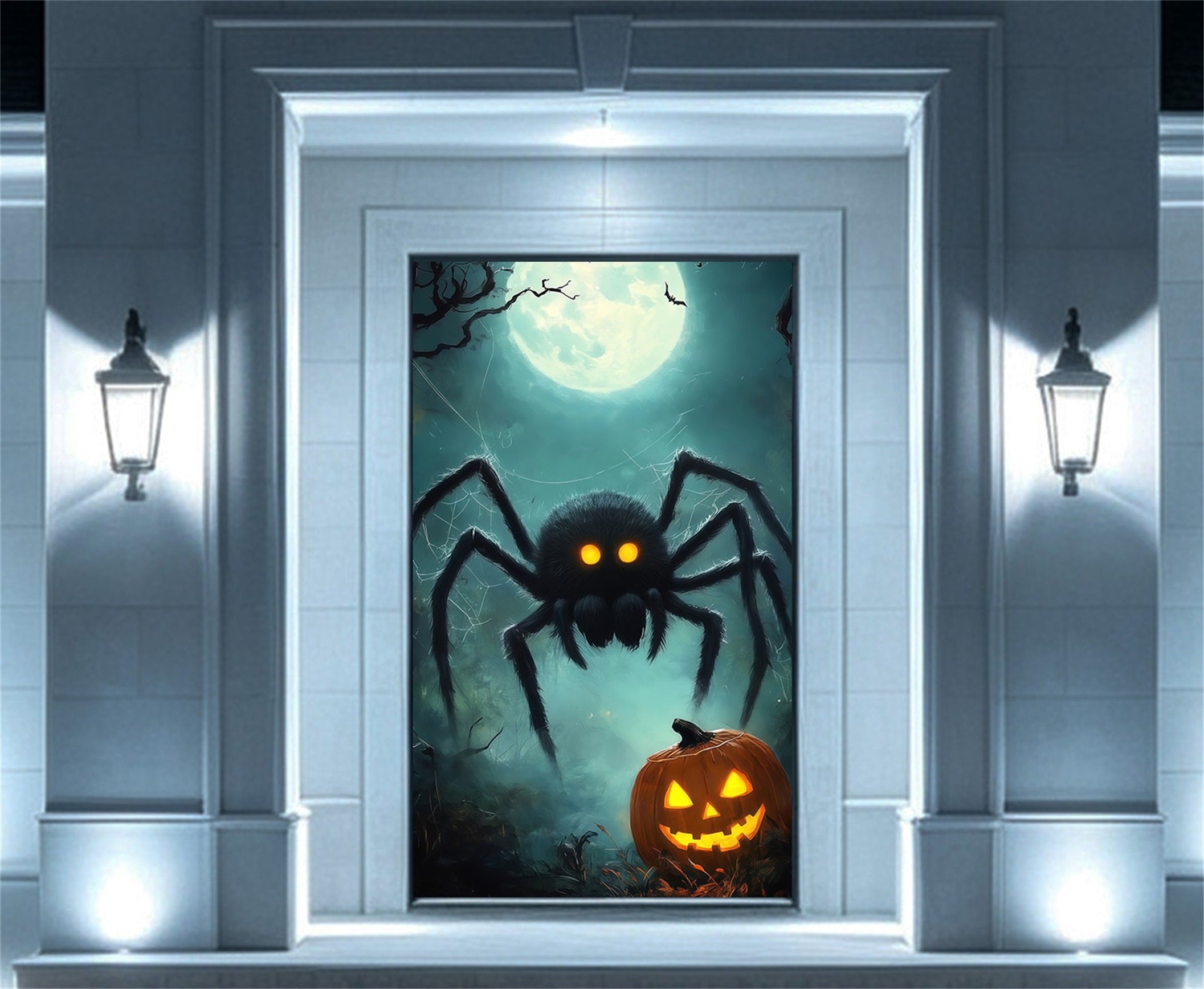 Giant Spider Door Moonlit Graveyard Pumpkin Halloween Indoor Door Cover RR68-7