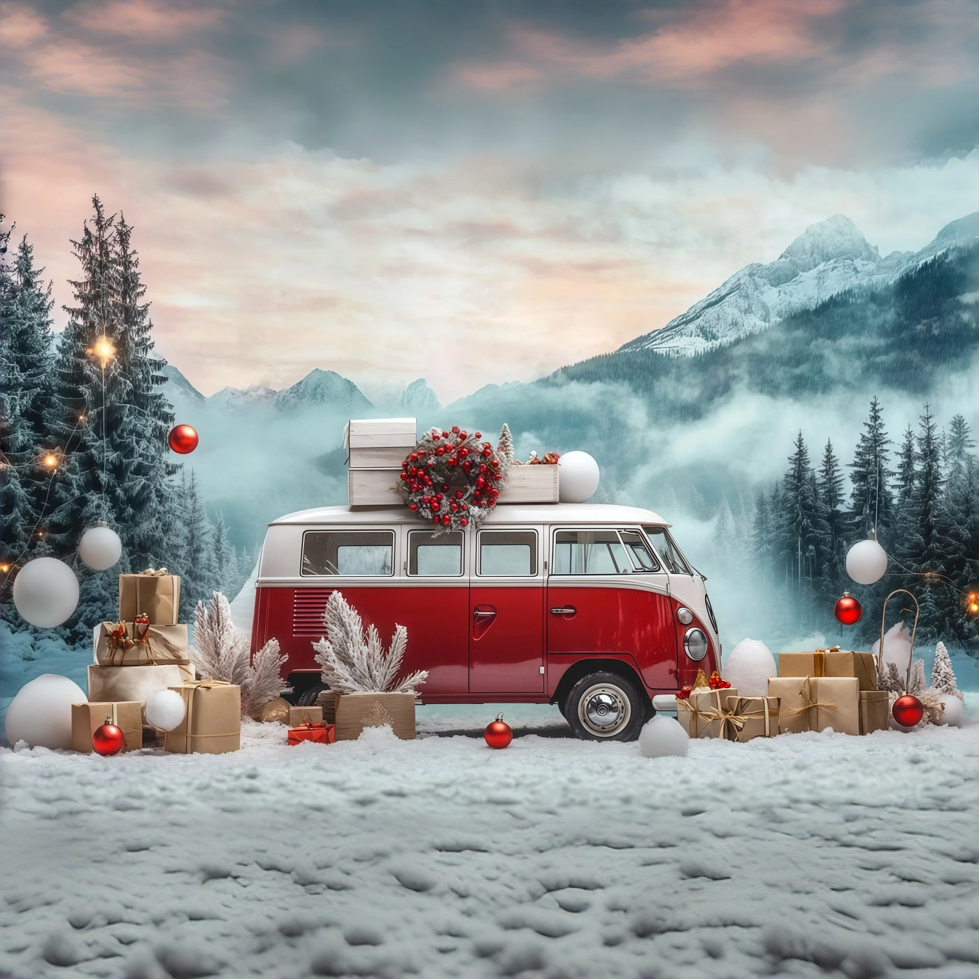 Christmas Truck Backdrop Snowy Vintage Camper Large Christmas Backdrop RR68-73
