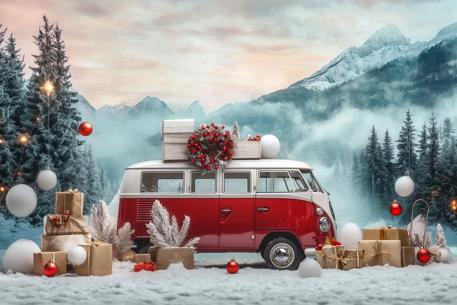 Christmas Truck Backdrop Snowy Vintage Camper Large Christmas Backdrop RR68-73