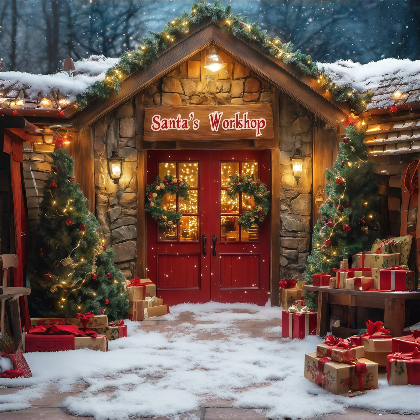 Christmas Shop Backdrop Santa Workshop Entrance Photography Backdrops Christmas RR68-76
