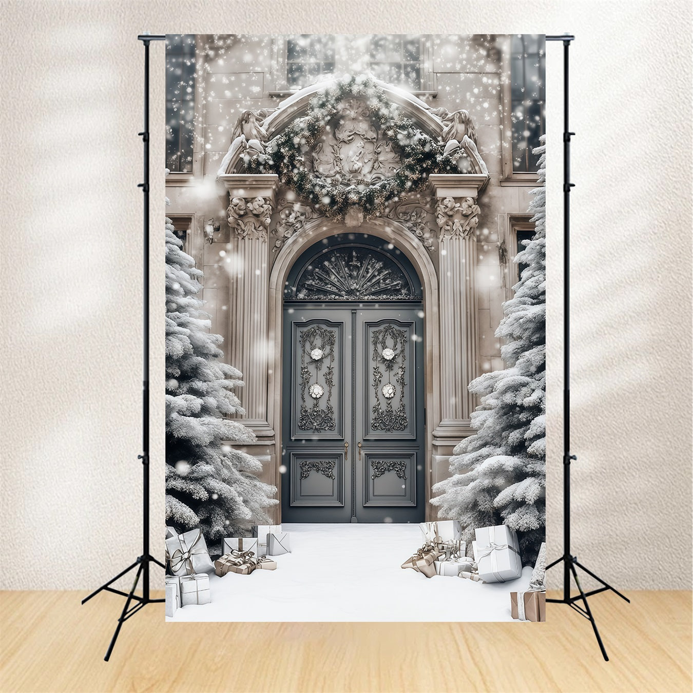 Elegant Christmas Backdrop Snowy Mansion Doorway Photo Backdrops Christmas RR68-77
