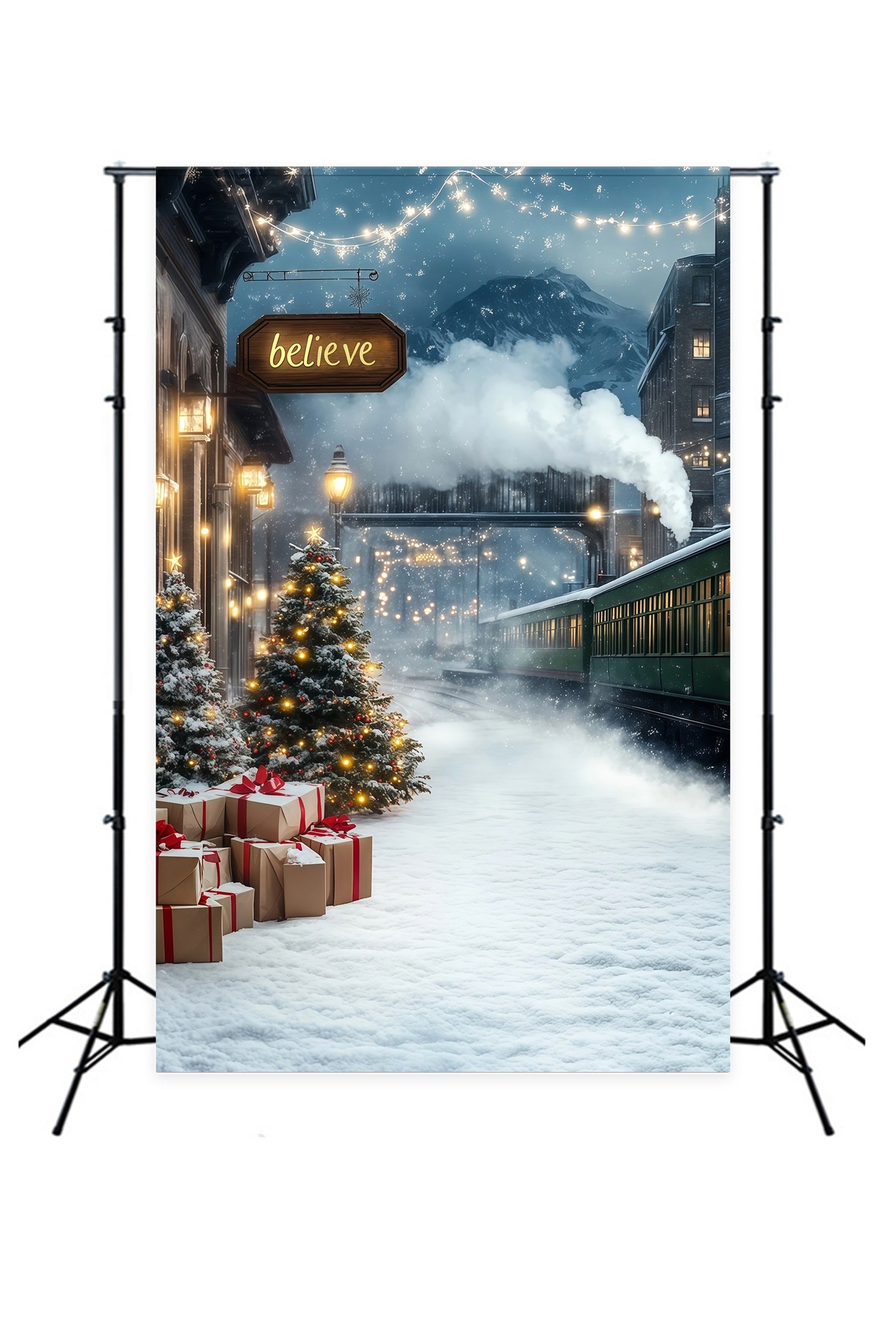 Winter Christmas Backdrop Mountain Train Station Christmas Backdrop Ideas RR68-78