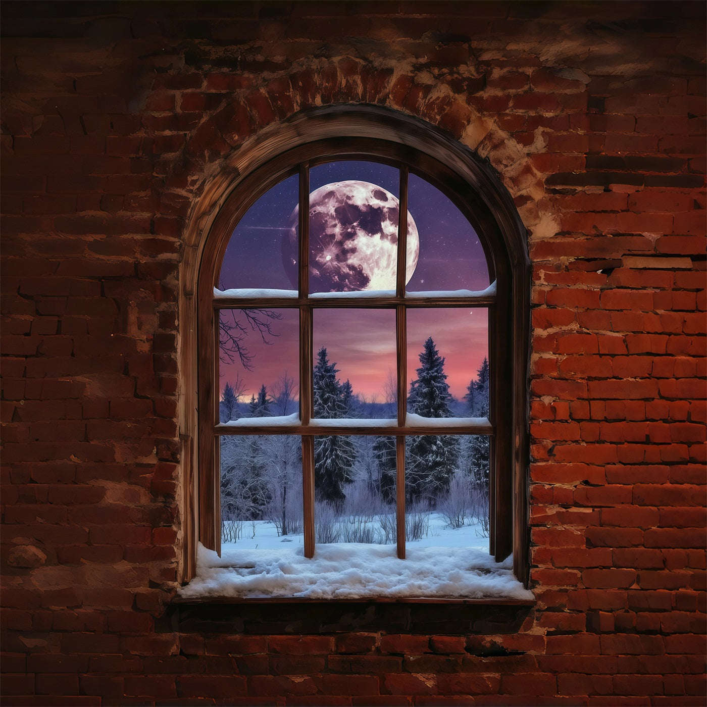 Christmas Village Mountain Backdrop Moonlit Brick Window Indoor Christmas Backdrop RR68-81