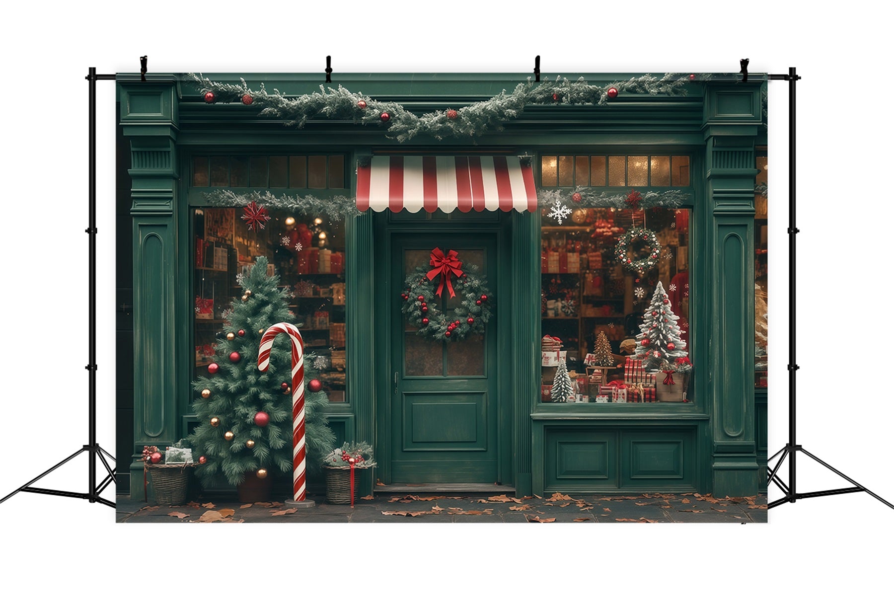 Christmas Shop Backdrop Green Storefront Decor Photo Christmas Backdrop RR68-83