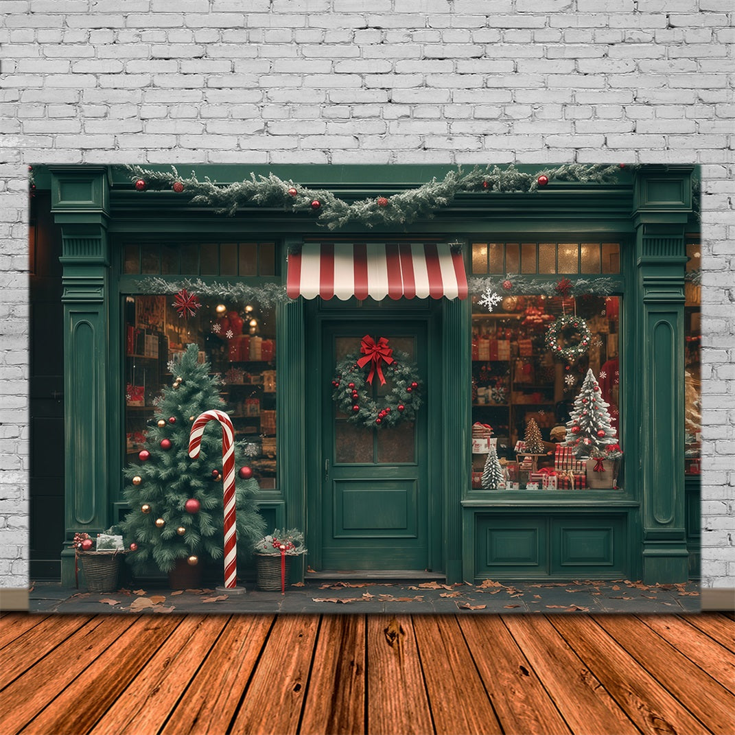 Christmas Shop Backdrop Green Storefront Decor Photo Christmas Backdrop RR68-83