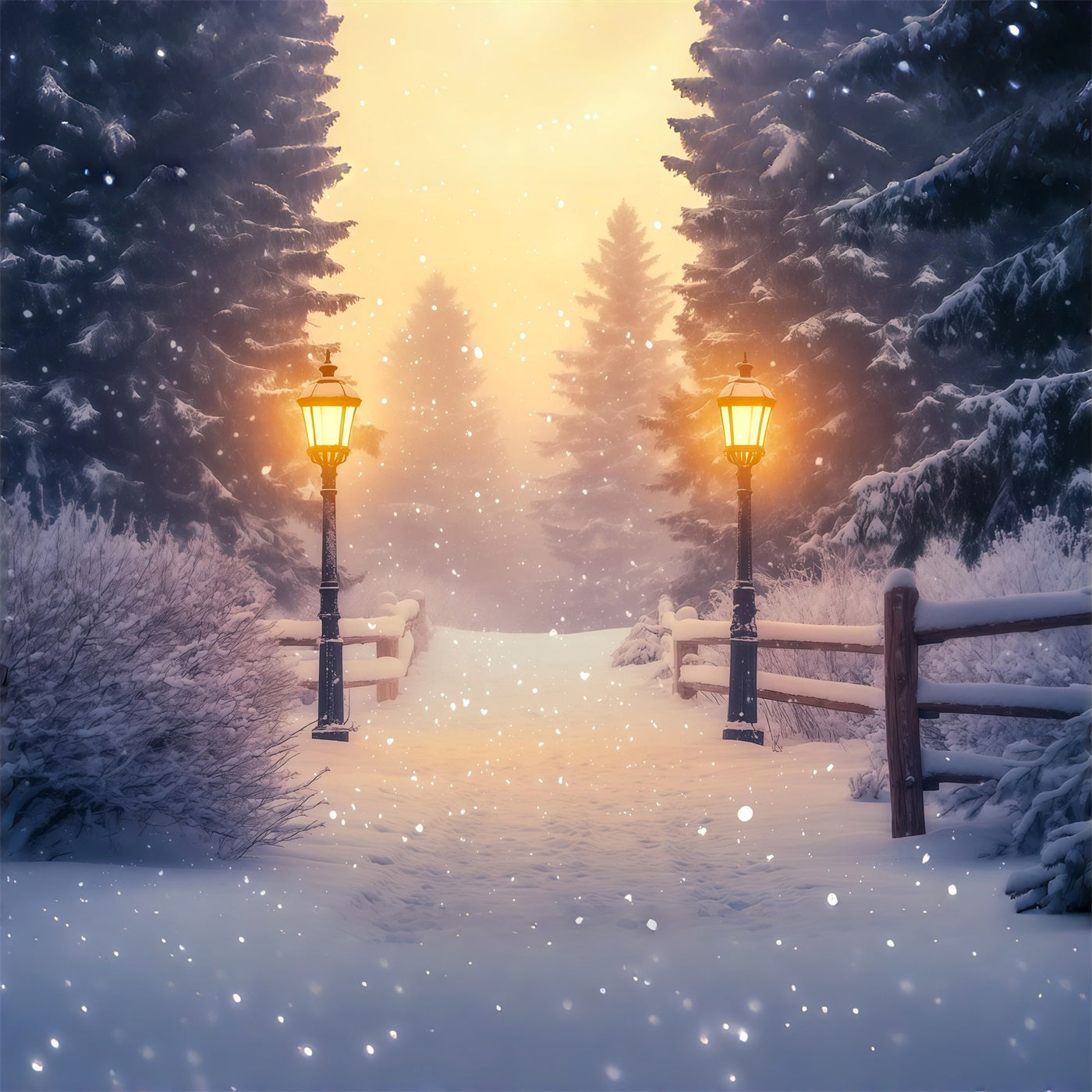 Snowy Christmas Backdrop Wonderland Forest Lantern Path Christmas Studio Backdrops RR68-85