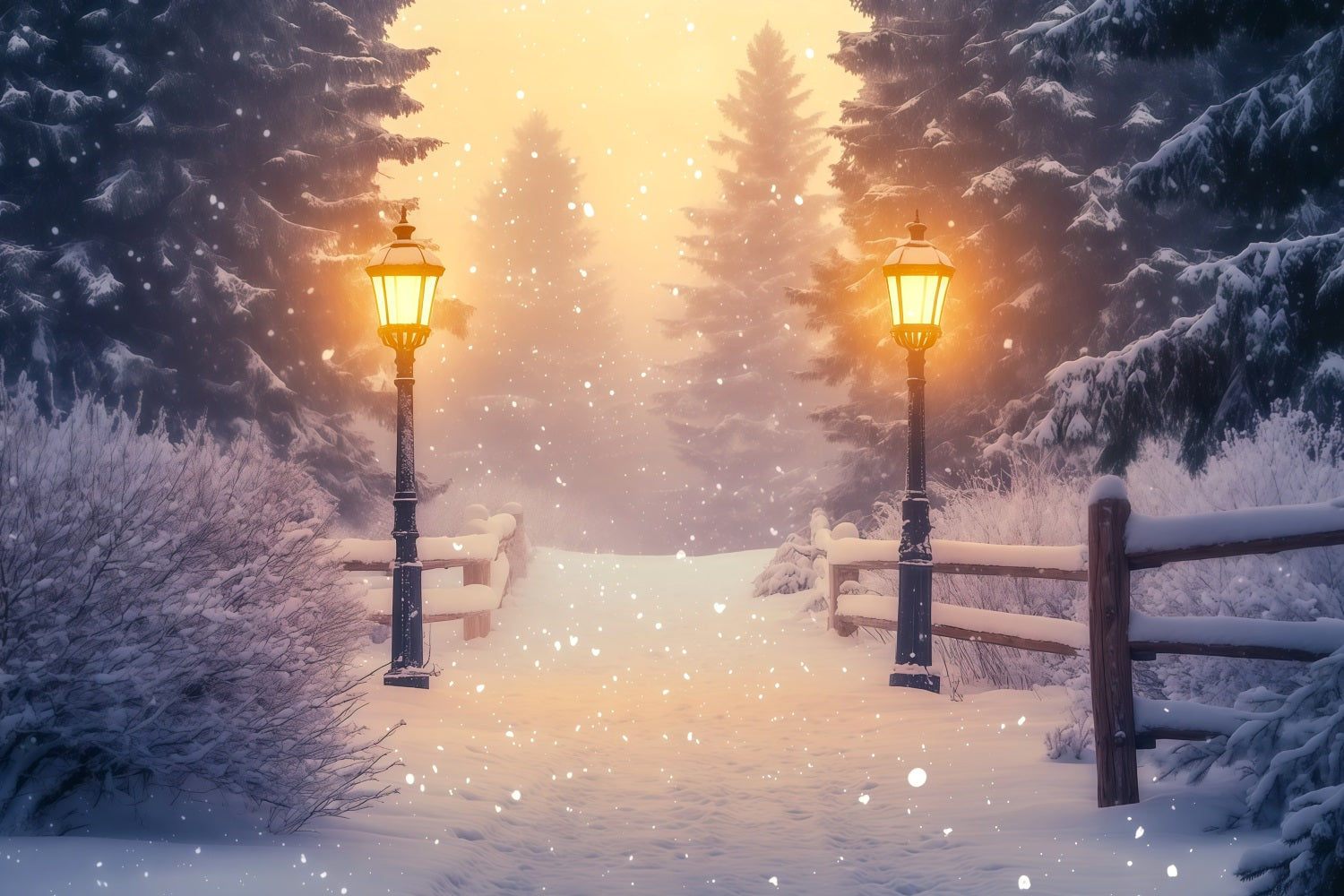 Snowy Christmas Backdrop Wonderland Forest Lantern Path Christmas Studio Backdrops RR68-85