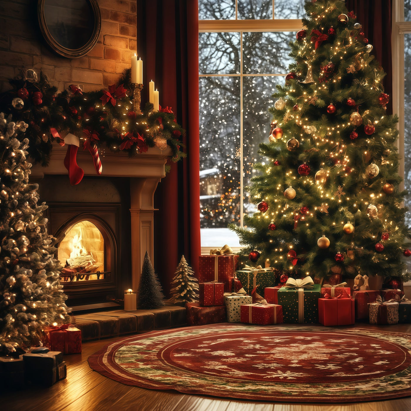 Cozy Christmas Backdrop Window Fireplace Tree Corner Studio Christmas Backdrops RR68-87