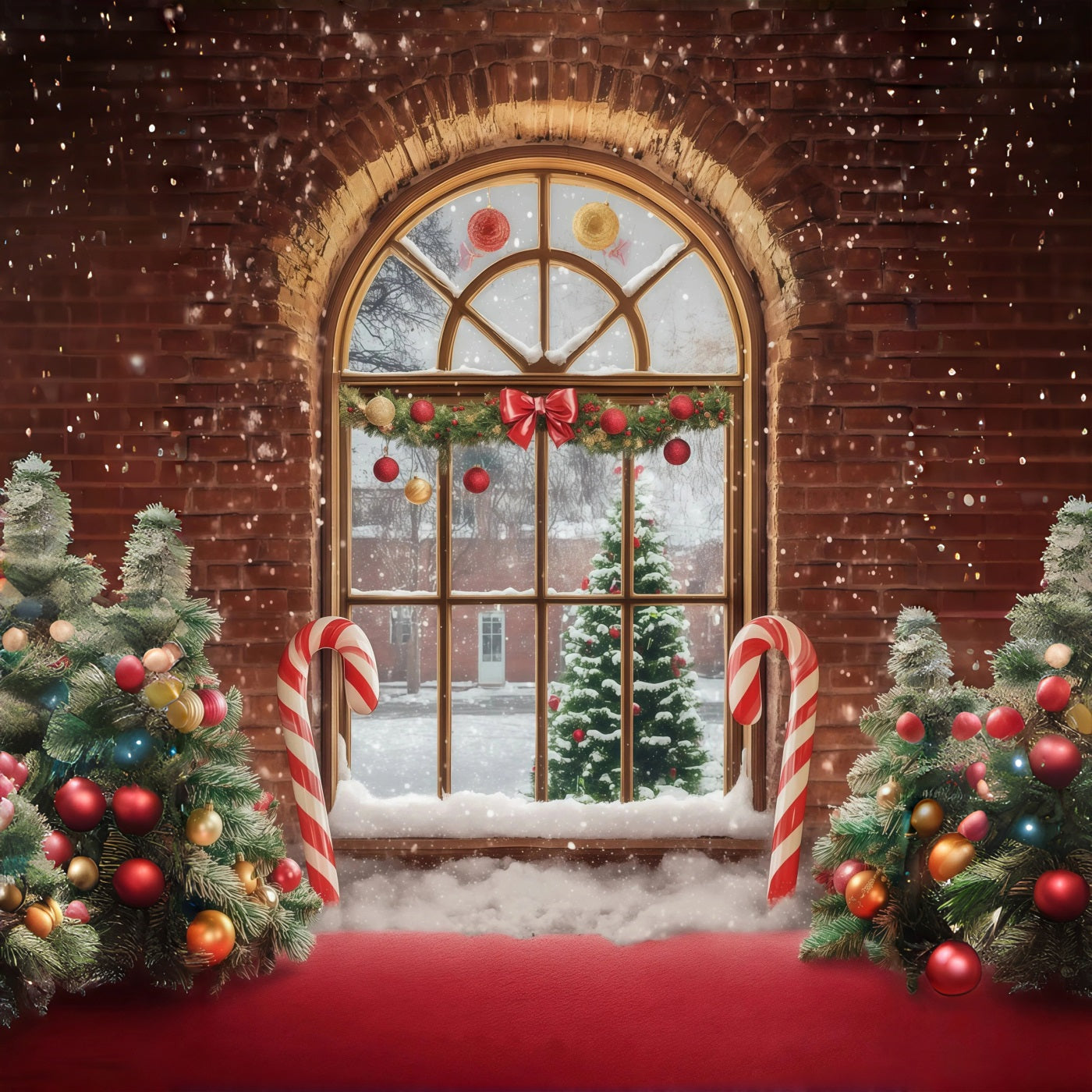 Christmas Window Backdrop Brick Candy Canes Tree Wall Christmas Backdrop RR68-88