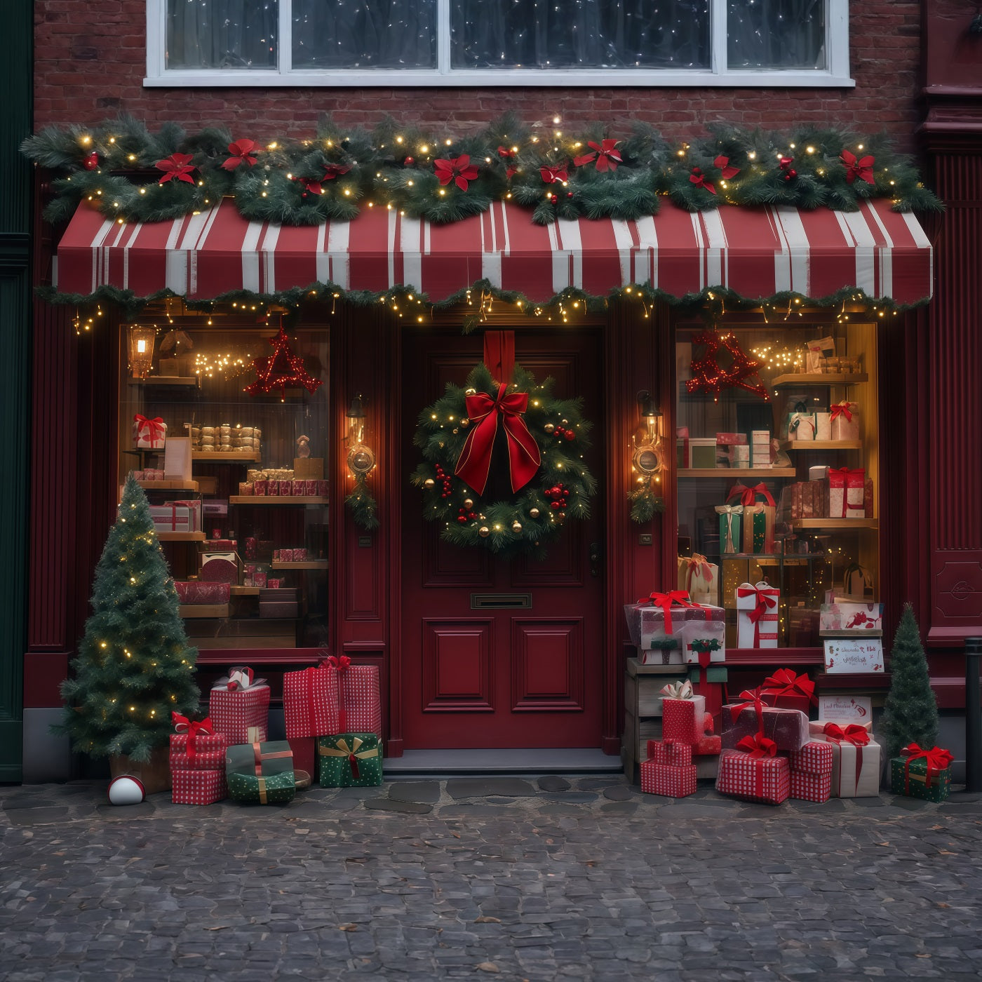 Christmas Store Backdrop Red Wreath Gift Shopfront Christmas Muslin Backdrop RR68-89