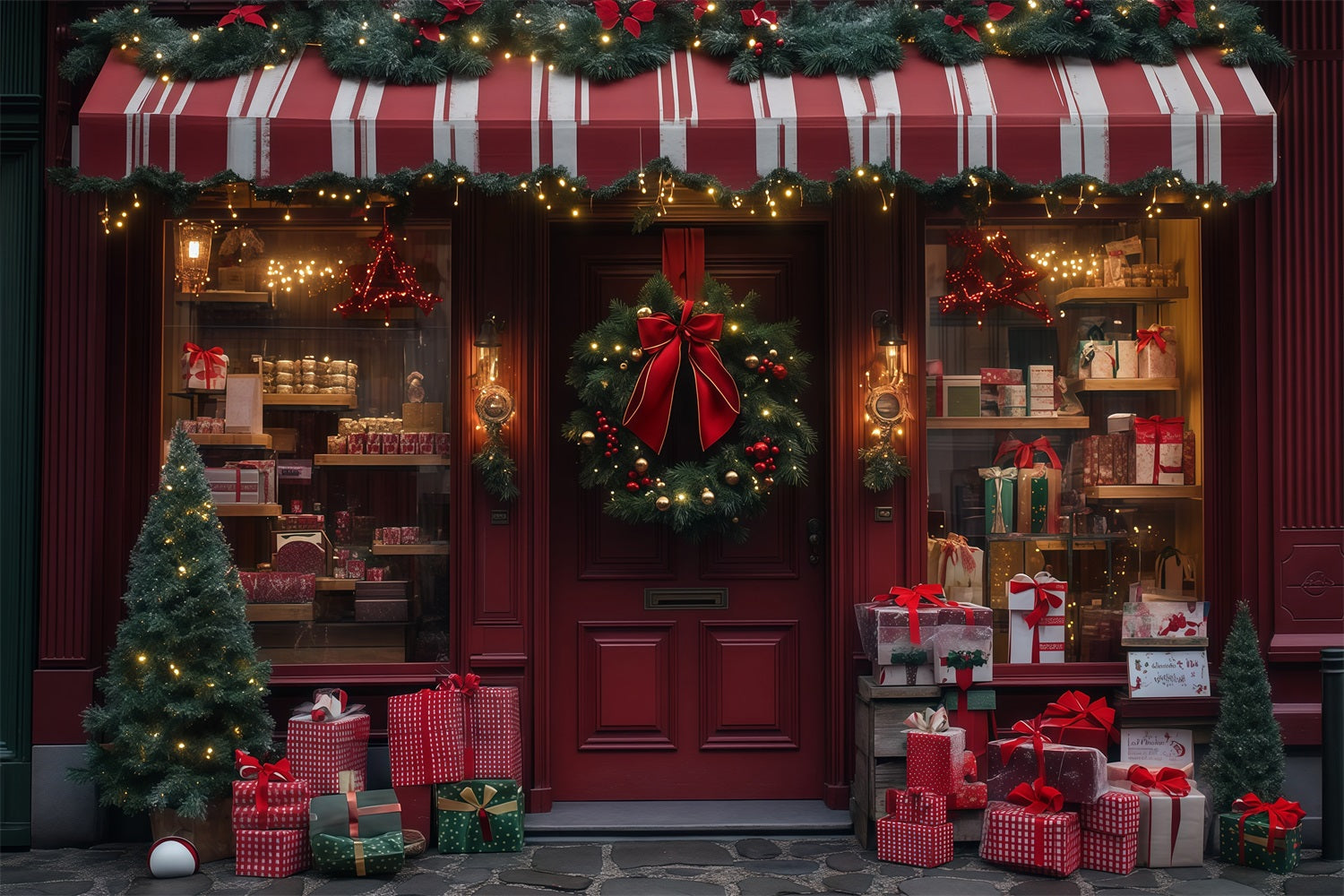 Christmas Store Backdrop Red Wreath Gift Shopfront Christmas Muslin Backdrop RR68-89
