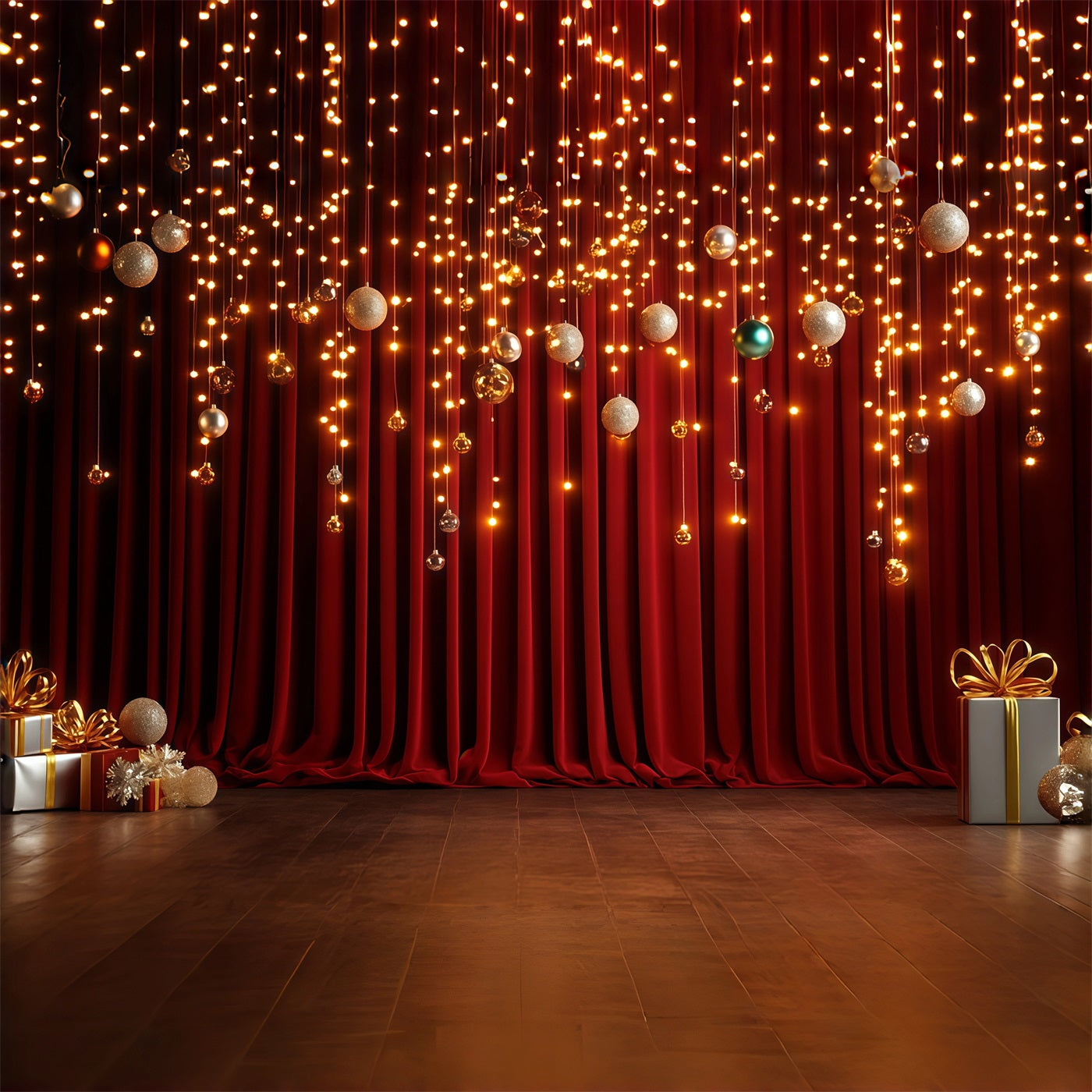 Christmas Stage Backdrops Golden Bauble Curtain Glow Christmas Indoor Backdrop RR68-90