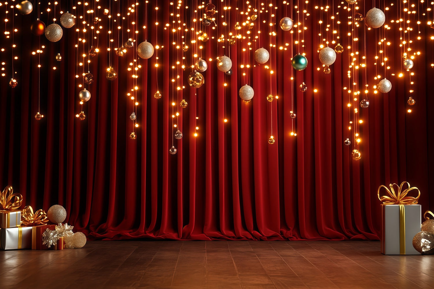 Christmas Stage Backdrops Golden Bauble Curtain Glow Christmas Indoor Backdrop RR68-90