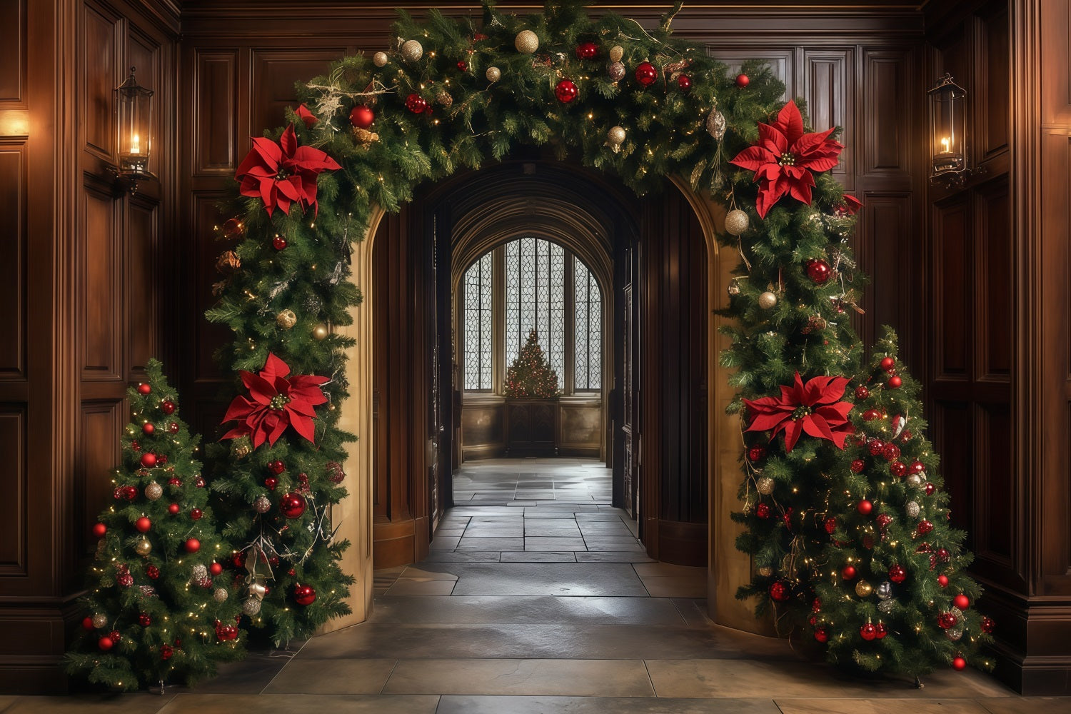Christmas Arch Backdrop Poinsettia Garland Hallway Arch Wall Backdrop Christmas RR68-93