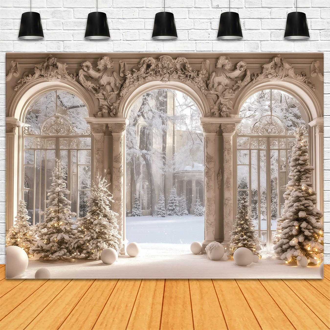 Victorian Christmas Backdrop Snowy Palace Window View Muslin Backdrop Christmas RR68-95