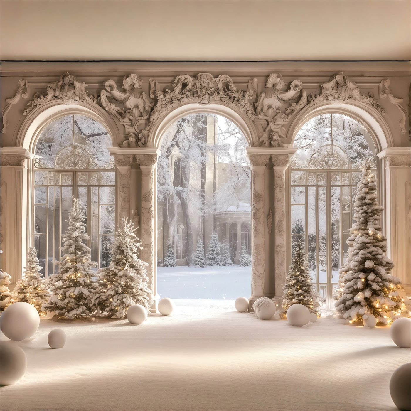Victorian Christmas Backdrop Snowy Palace Window View Muslin Backdrop Christmas RR68-95