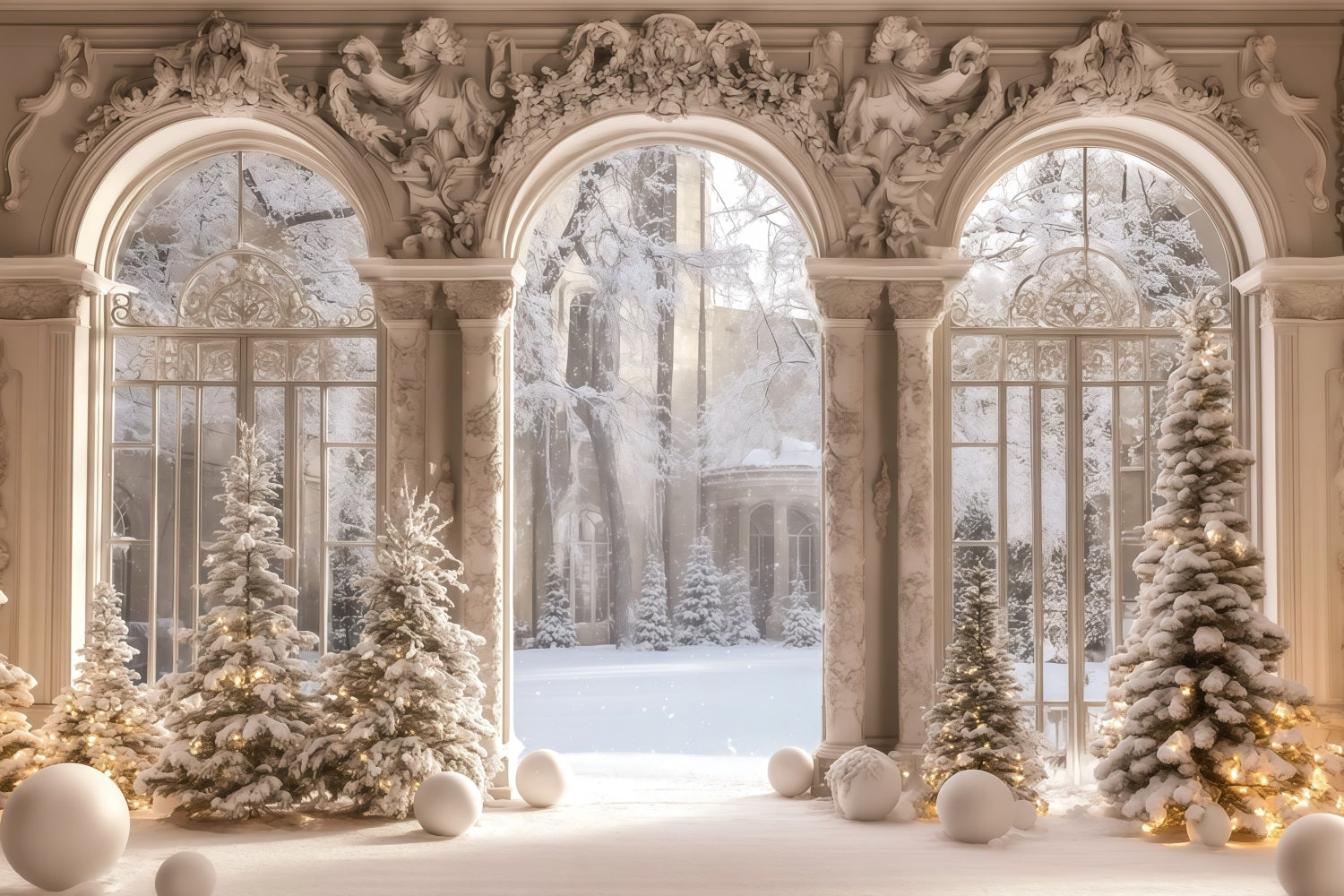 Victorian Christmas Backdrop Snowy Palace Window View Muslin Backdrop Christmas RR68-95