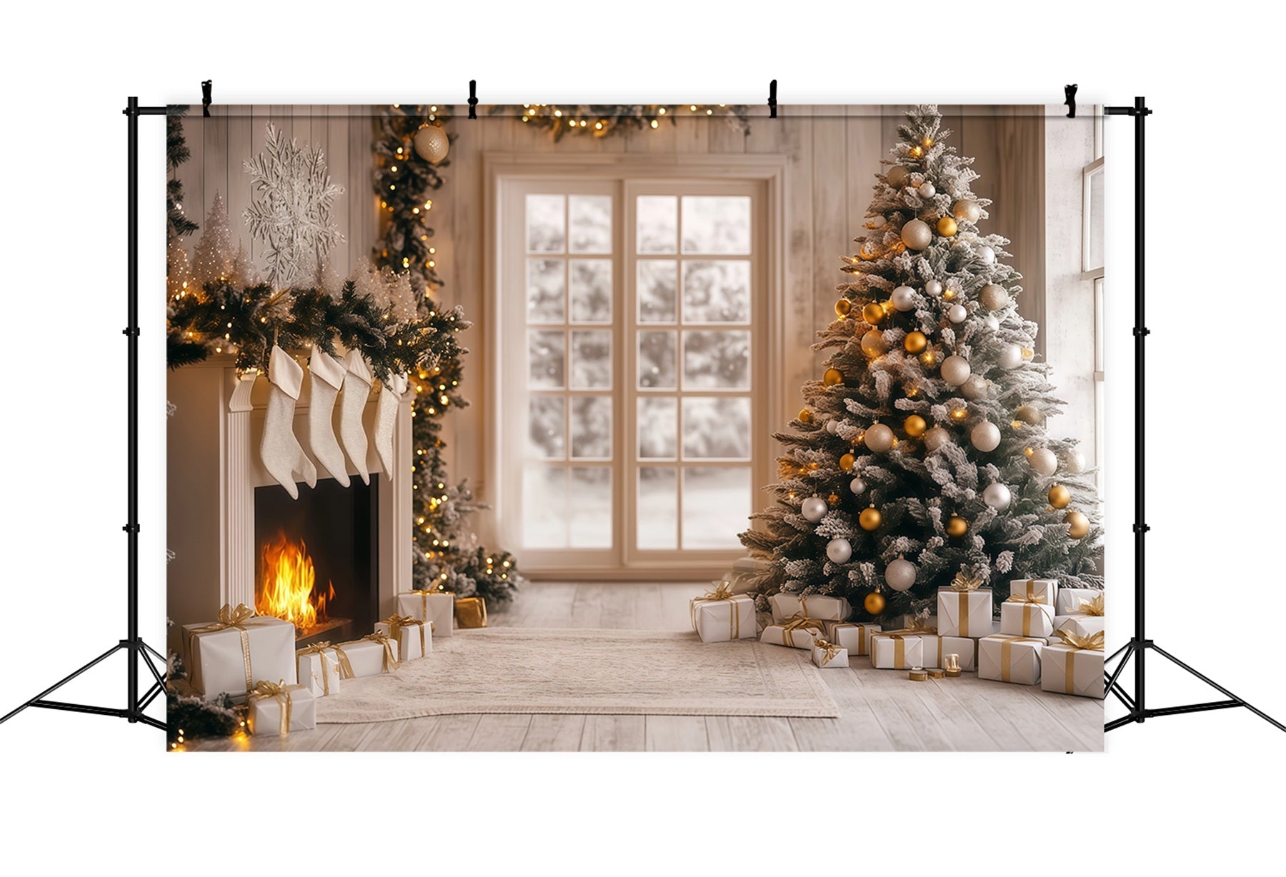 Modern Christmas Backdrop White Gold Hearth Glow Photographic Backdrops Christmas RR68-96
