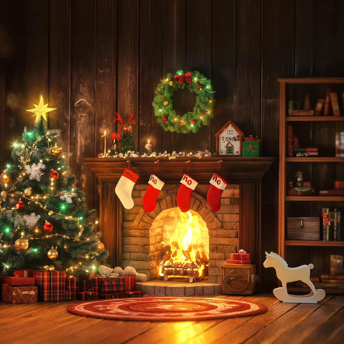 Christmas Fireplace Backdrop Cozy Hearth Stocking Glow Christmas Backdrop RR68-98