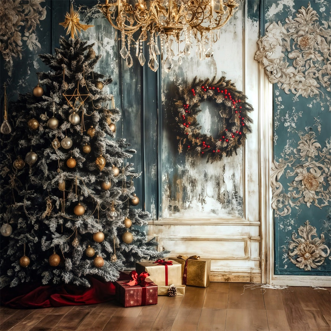 Christmas Wood Backdrop Frosted Chandelier Wreath Corner Christmas Photo Backdrops RR69-1